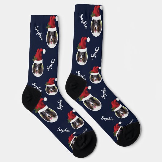 Chaussette Santa Hat Avec Photo Personnalisée Et Nom En Bleu (Droite)