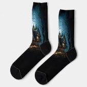 Chaussette Scary Haunted House à la nuit sur Noir (Gauche)