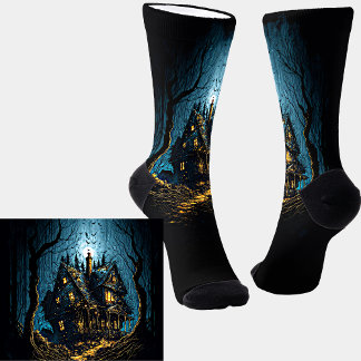 Chaussette Scary Haunted House à la nuit sur Noir