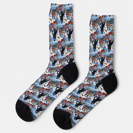 Chaussette Scène de fête de Noël de chat noir (Gauche)