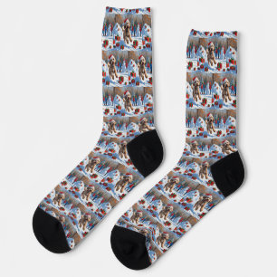 Chaussette Scène de neige festive de Noël Bernedoodle