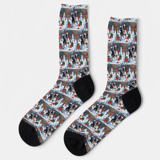 Chaussette Scène de Noël festive Border Collie enneigée (Gauche)