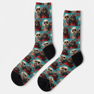 Chaussette Shih Tzu avec des roses du cœur pour la Saint-Vale