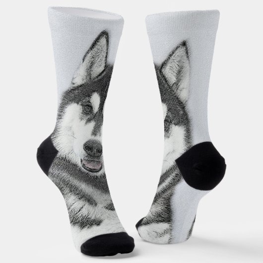 Chaussette Sibérie Husky (noir et blanc) Peinture Chien Art (Angulaire)