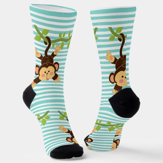 Chaussette Singe mignon accroché sur une vigne à rayures (Angulaire)