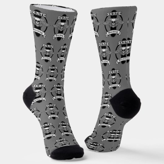 Chaussette Skateboard Skull Wings Design on Grey Chaussettes (Angulaire)