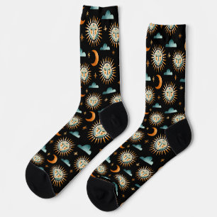 Chaussette Soleil- Lune- motifs de nuages- style Maya- noir