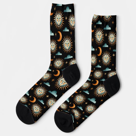 Chaussette Soleil- Lune- motifs de nuages- style Maya- noir (Gauche)