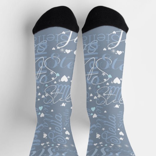 Chaussette Son nom, Splashed Coeurs mignons et étoiles Bleu (Haut)