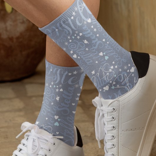 Chaussette Son nom, Splashed Coeurs mignons et étoiles Bleu
