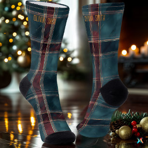 Chaussette Sophistiqué Turquoise et Bourgogne Noël Plaid