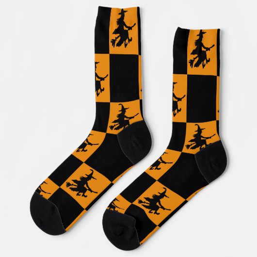 Chaussette Sorcières noires carreaux noirs et orange (Gauche)