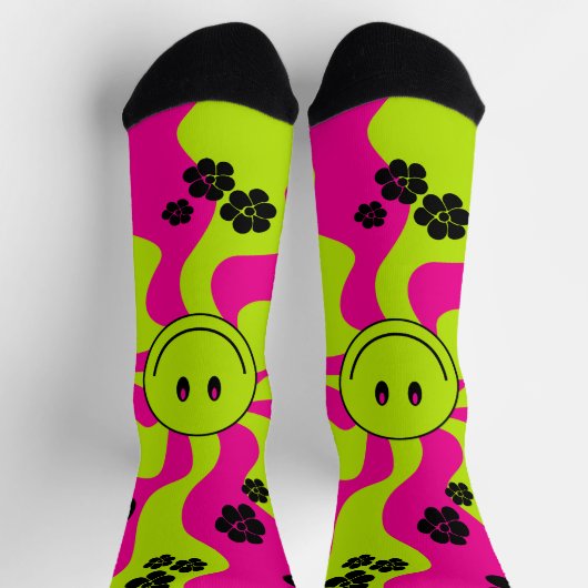 Chaussette Sourire en vert citron, rose chaud et noir (Haut)