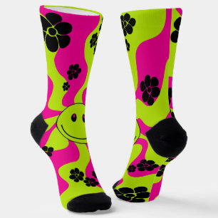 Chaussette Sourire en vert citron, rose chaud et noir