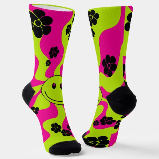 Chaussette Sourire en vert citron, rose chaud et noir (Angulaire)