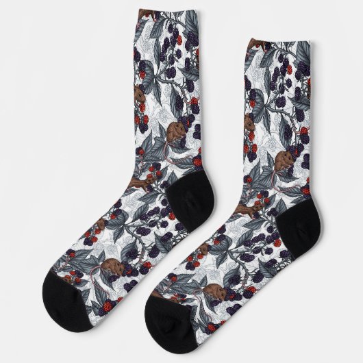 Chaussette Souris et mûres sur fond blanc (Gauche)