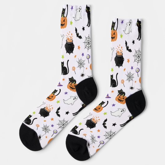 Chaussette Spooky Black Cat & Ghost Halloween Pattern Socks (Gauche)