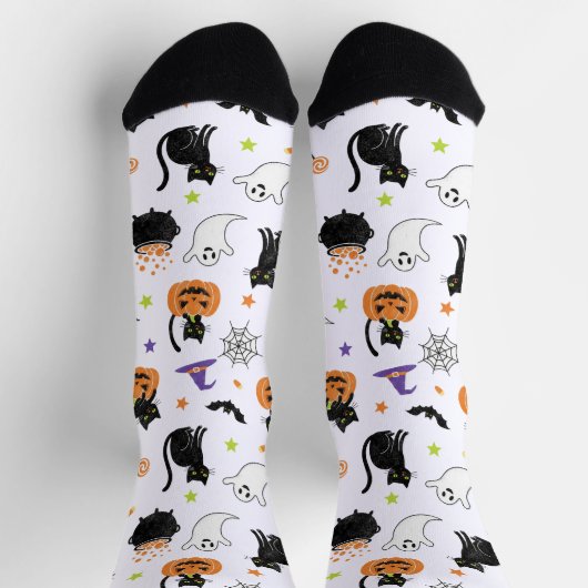 Chaussette Spooky Black Cat & Ghost Halloween Pattern Socks (Haut)