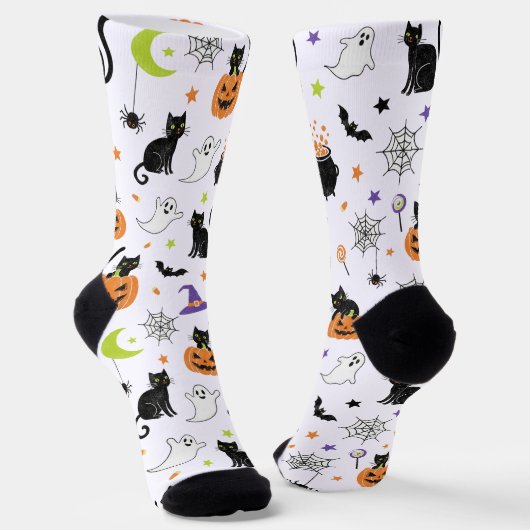 Chaussette Spooky Black Cat & Ghost Halloween Pattern Socks (Angulaire)