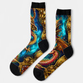 Chaussette Steampunk Golden Dragon & Blue Sky sur Black (Gauche)