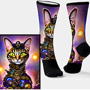 Chaussette Steampunk métal goth Golden Chat sur noir