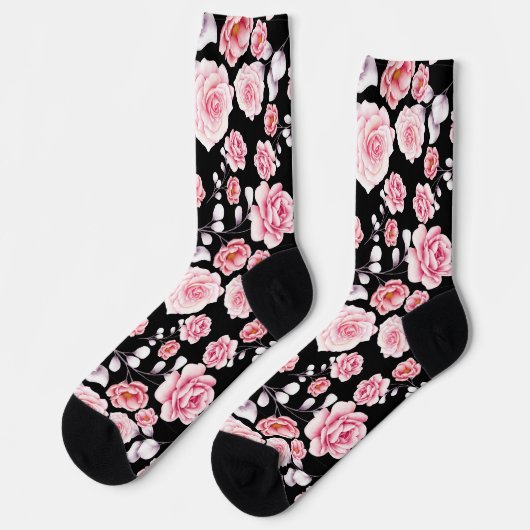 Chaussette Stylé rose motif floral imprimé sur noir (Gauche)