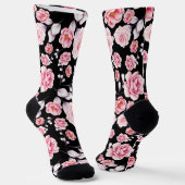 Chaussette Stylé rose motif floral imprimé sur noir (Angulaire)