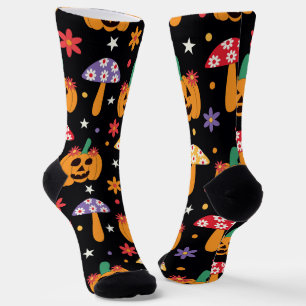 Chaussette Super Halloween fleurs et champignons Citrouille