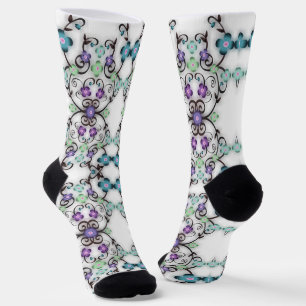 Chaussette Superbe motif de dentelle de fleurs bleu violet