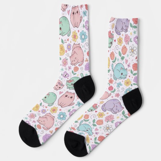 Chaussette Sweet Pastel Kawaii Cat and Spring Floral Pattern (Gauche)