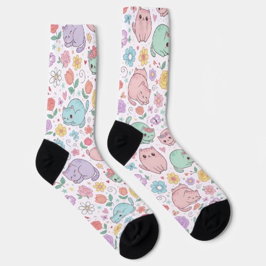 Chaussette Sweet Pastel Kawaii Cat and Spring Floral Pattern (Droite)