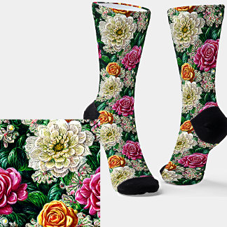 Chaussette Tapisserie Illustration Rose Blanc Or Fleurs