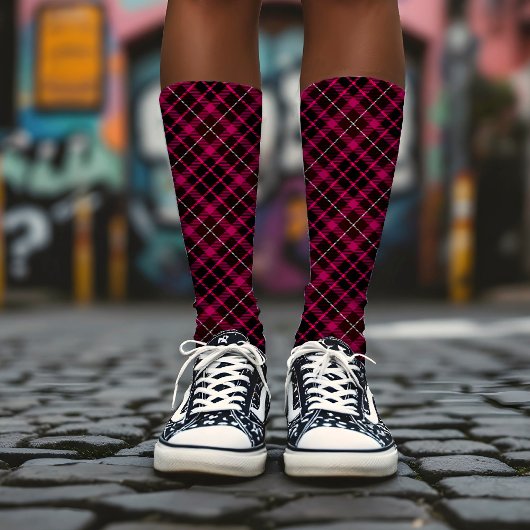 Chaussette Tartan Vintage en noir et rose