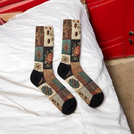 Chaussette Terre cuite Patchwork Quilt Motif Retro Floral