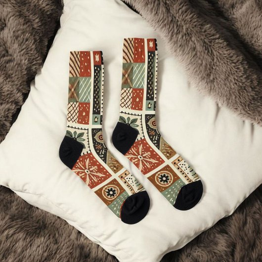 Chaussette Terre cuite Patchwork Quilt Motif Retro Floral