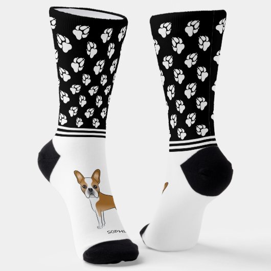 Chaussette Terrier De Boston Fawn Et Blanc Avec Nom Et Patrou (Angulaire)
