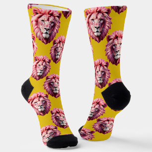 Chaussette Tête de lion rose motif animal design jaune