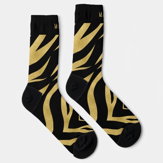 Chaussette Tiger imprimé en or et noir avec Monogramme (Droite)