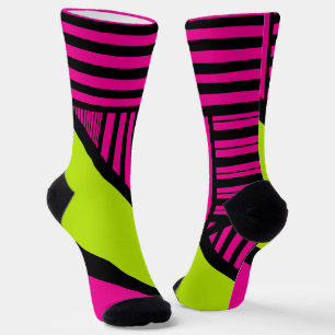Chaussette Triangle rayures en vert citron, rose chaud et noi