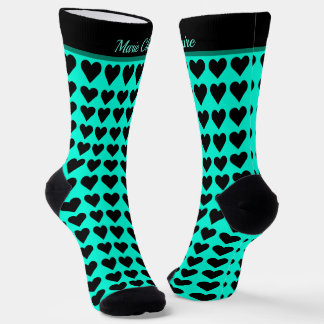 Chaussette Turquoise Cyber Noir Petits Cœurs Nom Personnalisé