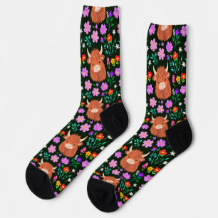 Chaussette Vache des Highlands et fleurs roses colorées Chaus