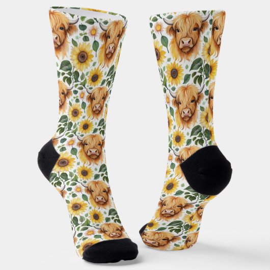 Chaussette Vaches Highland et fleurs de tournesol jaune (Angulaire)