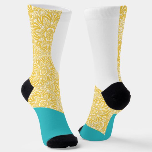 Chaussette Vagues simples - Motif floral Turquoise et Jaune (Angulaire)