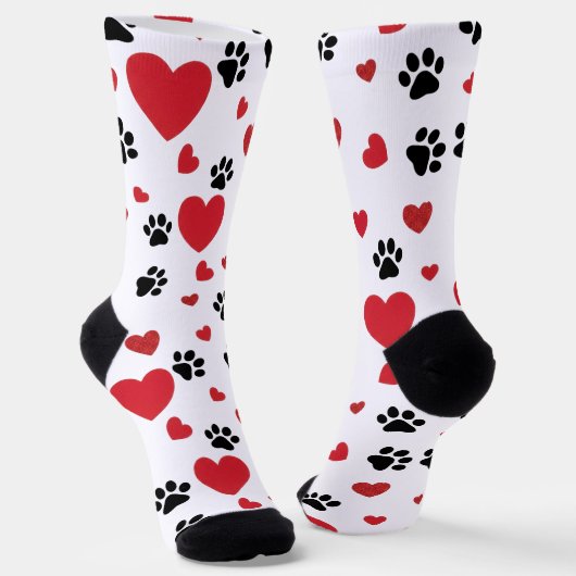 Chaussette Valentine's Day Paw Prints and Red Hearts Pattern (Angulaire)