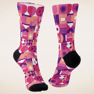 Chaussette Verre à vin rose violet rétro motif Bauhaus