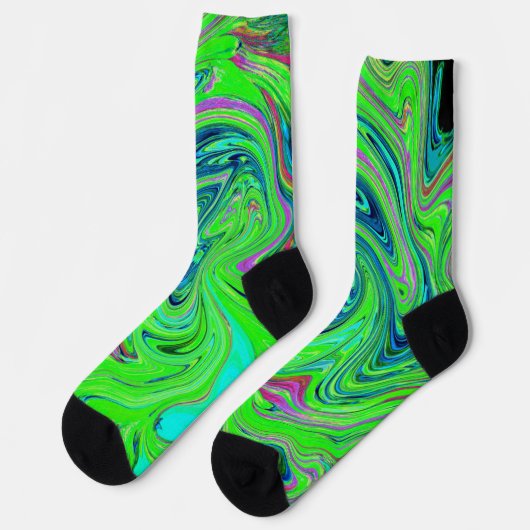 Chaussette Vert citron vert et bleu Super Art rétro Abstrait (Gauche)