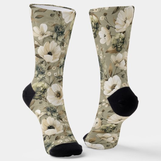 Chaussette Vert Sage Et Floral Crème (Angulaire)