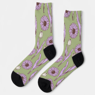 Chaussette Vert violet rétro Y2K Funky Hippie Flower Motif