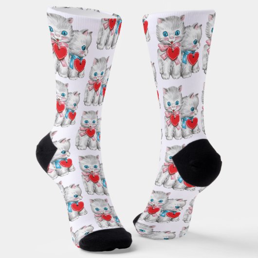 Chaussette Vintage Retro Valentine's Day Cats, Cute Kitten (Angulaire)