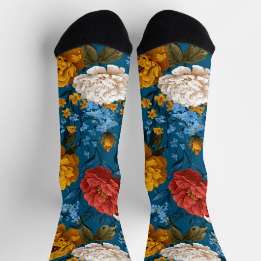 Chaussette Vivid Maximalist Jaune et Crème sur Floral Bleu (Haut)
